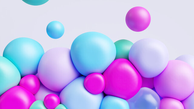 3d render, abstract background with assorted pink blue gold bubbles and balloons stuck together. Simple colorful round shapes. Geometric wallpaper