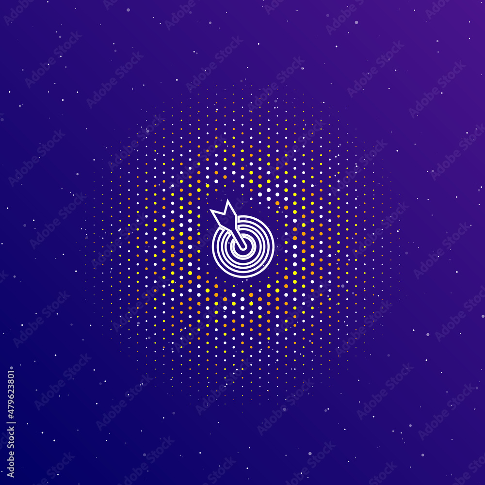Poster a large white contour goal symbol in the center, surrounded by small dots. dots of different colors 