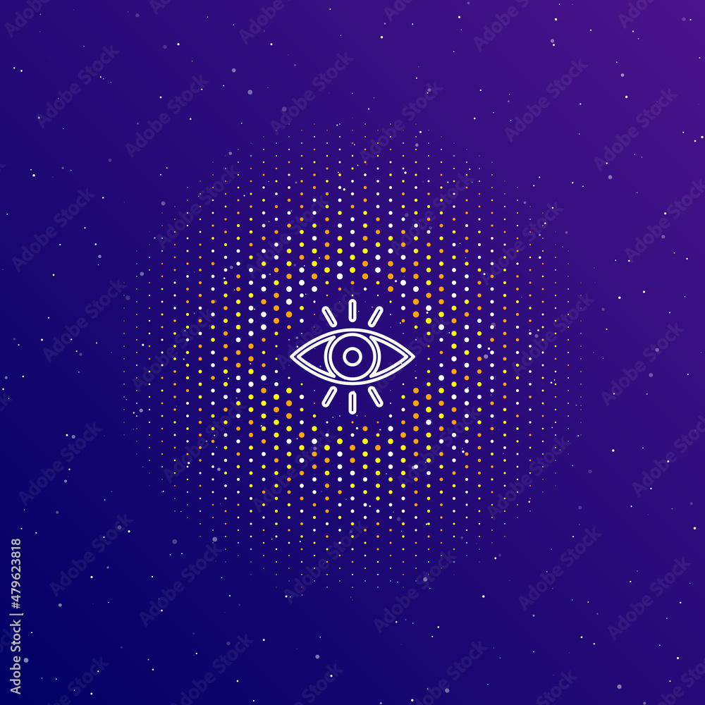 Poster a large white contour vision symbol in the center, surrounded by small dots. dots of different color