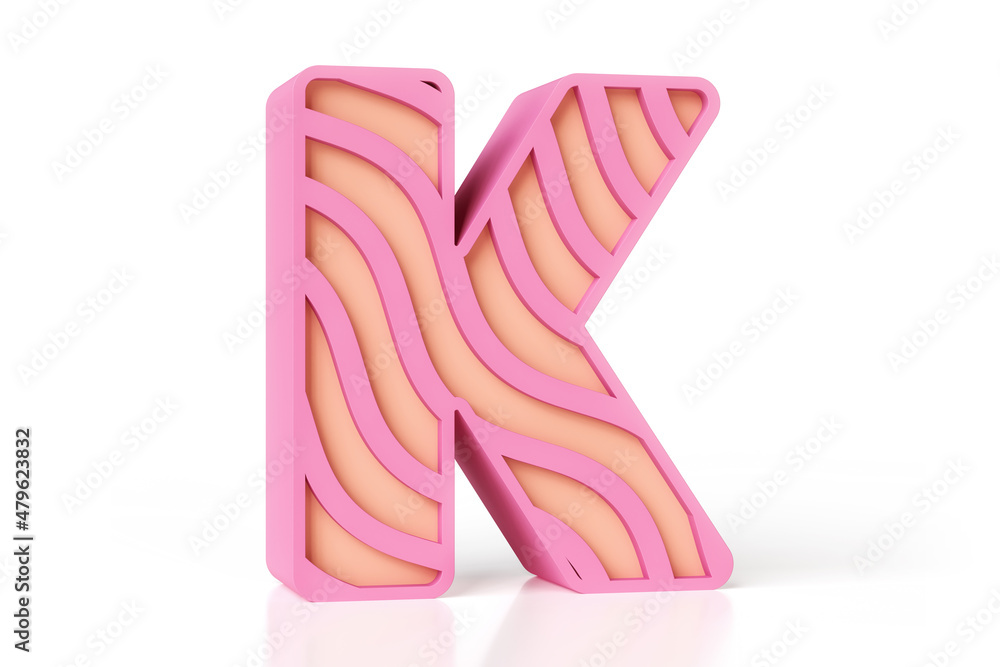 Poster wavy style uppercase k letter pink and peach matte colors with a pattern made of wave lines. high re