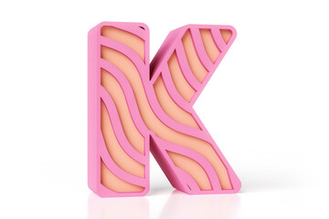 Wavy style uppercase K letter pink and peach matte colors with a pattern made of wave lines. High resolution soft style letter ideal for headers, posters, advertisements or web projects. 3D rendering.
