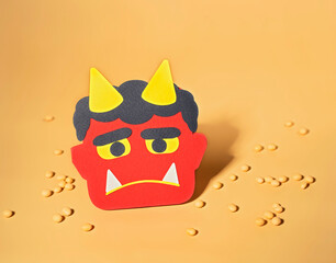 Cute Setsubun paper-craft with Red demon mask  and Lucky beans. Traditional japanese festival, Bean...