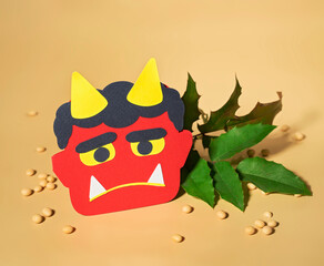Cute Setsubun paper-craft with Red demon mask  and Lucky beans. Traditional japanese festival, Bean throwing Day