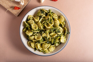 Fresh orecchiette with turnip greens. Typical dish of Puglia, southern Italy. Suitable for those who follow a vegetarian diet