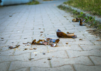 broken glass, a fallen glass bottle on the footpath, sidewalk