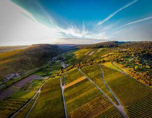 Drohne Weitwinkelaufnahme Weinberge Remstal Remshalden, Sonnenuntergang, besondere Atmosphäre 