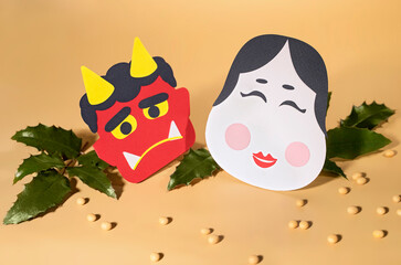 Cute Setsubun paper-craft with  red demon and Okame, one of Japanese traditional mask and Lucky...