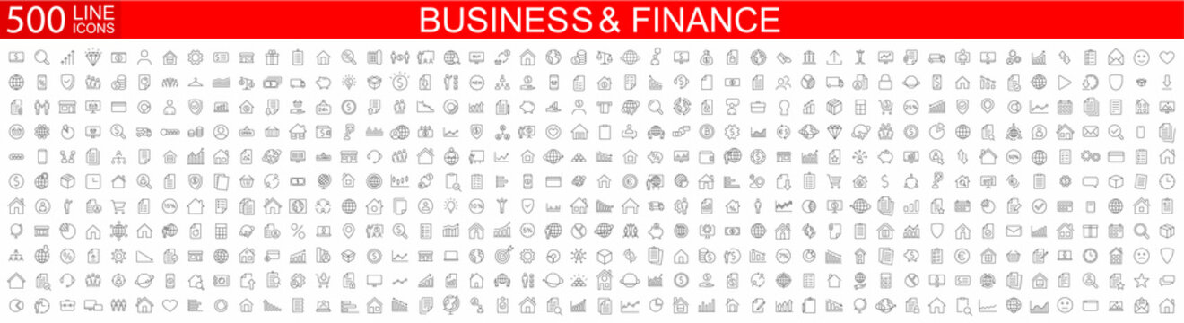 Big set of 500 Business icons. Business and Finance web icons. Vector business and finance editable stroke line icon set with money, bank, check, law, payment, wallet, deposit. Vector illustration.