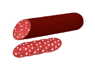 Meat semi finished product concept. Sticker with stick of smoked beef sausage cut into pieces. Delicious food preparation product. Cartoon flat vector illustration isolated on white background