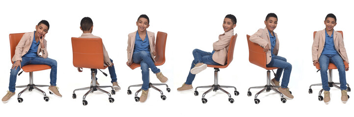 various poses of  same boy sitting on chair on white background