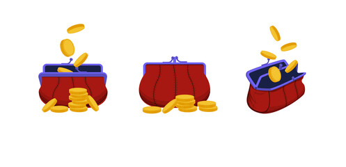 A set of old red wallets with coins falling in them. There are coins next to the wallet. The wallet was full of money. Flat style. Isolated on a white background. Purchase. Icon. Vector illustration.