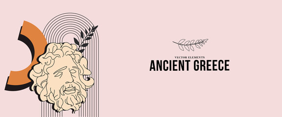 Ancient statue greek banner, modern  mythology design, greece cutlure sculpture face concept.