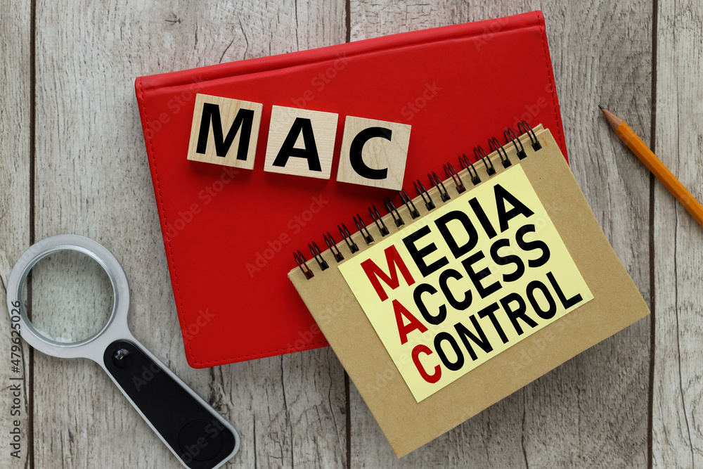 Aufkleber mac media access control,business concept. text on a block of wood and on a sheet of white paper. wo