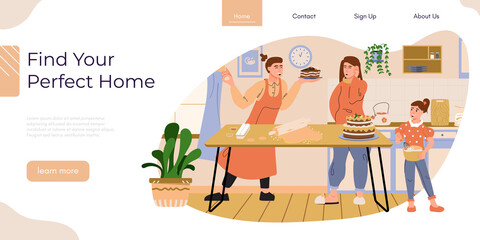 Happy family bought a new house. Cheerful young couple with kid cooking in kitchen of their new home. Real estate agency web banner template. Flat vector illustration.