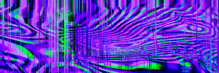 Abstract purple pink green psychedelic zebra banner background interlaced digital Distorted Motion glitch effect. Futuristic striped cyberpunk design. Webpunk rave 80s 90s 70s groovy techno neon