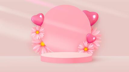Minimalist stage with pink cylindrical podium, round frame, heart-shaped balloons and pink flowers. Stage for product demonstration, showcase. Vector