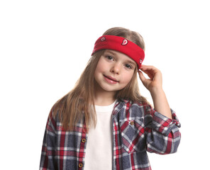 Cute little girl wearing stylish bandana on white background