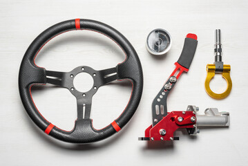 Car tuning gear concept flat lay background. Motorsport equipment.