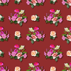 Vector floral seamless pattern, flower dark red background, Flowers rose, dahlia, zinnia, petunia. For the design of fabric, paper.