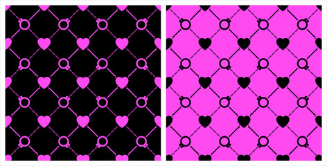 Seamless background pattern. Mesh fence chains candle pink and black heart shackles. Texture design for fabric, tile, banner, template, card, poster, backdrop, wall. Vector illustration.