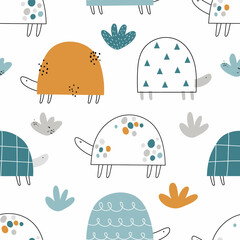 Vector color hand-drawn seamless repeating childish pattern with cute doodle turtles in Scandinavian style on a white background. Kids texture for fabric, wrapping, textile, wallpaper, apparel.
