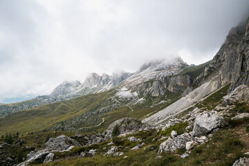Forcella Nuvolau and Rifugio Averau (refuge), the path to the Cinque Torri. Nuvolau, Dolomites Alps, Italy