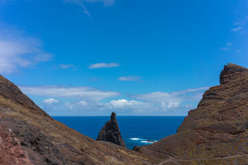 Spectacular photograph of the Atlantic Ocean and sky taken from the volcanic cliffs of Punta de São Lourenço, Madeira Island, Portugal.