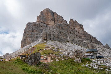 Forcella Nuvolau and Rifugio Averau (refuge), the path to the Cinque Torri. Nuvolau, Dolomites Alps, Italy