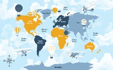 World map for kids with cute cartoon planes and air balloons. Children's map design for wallpaper, kid's room, wall art. America, Europa, Asia, Africa, Australia, Arctica. illustration. © ZHUKO