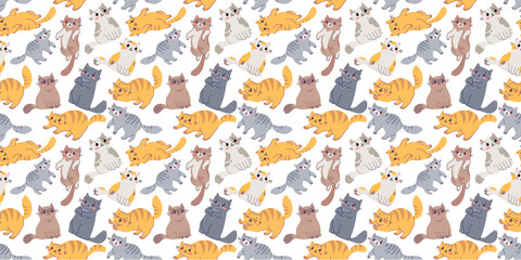 Vector seamless pattern with happy cute different cat character on white color background. Flat line art style design of seamless pattern with many animal cat