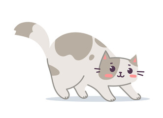 Vector illustration of happy cute spotted cat character on white color background. Flat line art style design of cute animal cat