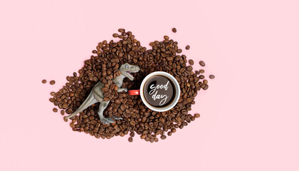 dinosaur toy and Cup of coffee with coffe beans on pink background. Good day. minimal creative...
