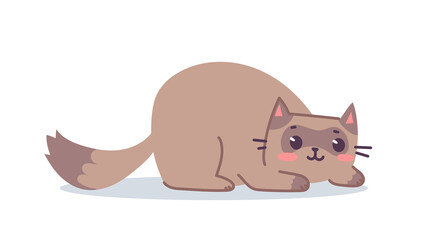 Vector illustration of happy cute laying cat character on white color background. Flat line art style design of brown animal cat