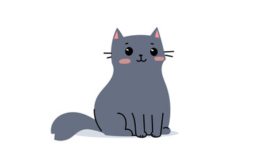 Vector illustration of happy cute gray cat character on white color background. Flat line art style design of sitting animal cat