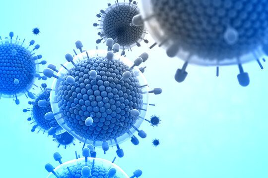 Paramyxovirus mumps , COVID pandemic, Close-up of virus under microscope. Realistic high quality medical 3d render.