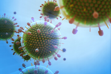 Paramyxovirus mumps , COVID pandemic, Close-up of virus under microscope. Realistic high quality medical 3d render.