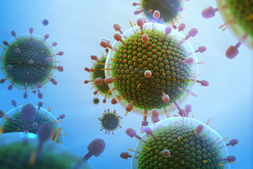Paramyxovirus mumps , COVID pandemic, Close-up of virus under microscope. Realistic high quality medical 3d render.