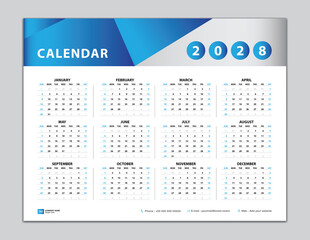 Calendar 2028 template, Desk calendar 2028 design, Wall calendar 2028 year, Set of 12 Months, Week starts Sunday, Planner, Yearly organizer, Stationery, calendar inspiration, blue background vector - obrazy, fototapety, plakaty