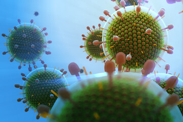 Paramyxovirus mumps , COVID pandemic, Close-up of virus under microscope. Realistic high quality medical 3d render.