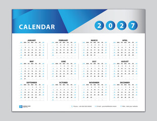 Calendar 2027 template, Desk calendar 2027 design, Wall calendar 2027 year, Set of 12 Months, Week starts Sunday, Planner, Yearly organizer, Stationery, calendar inspiration, blue background vector