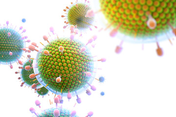 Paramyxovirus mumps , COVID pandemic, Close-up of virus under microscope. Realistic high quality medical 3d render.