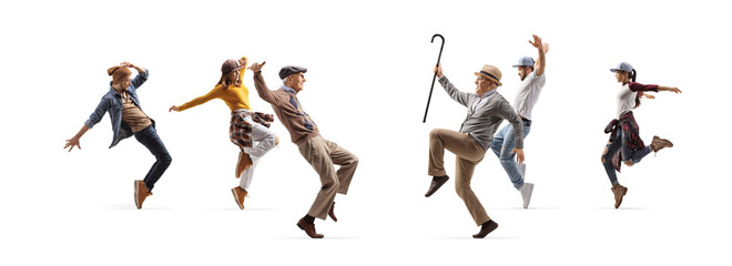 Full length profile shot of elderly men and young people dancing
