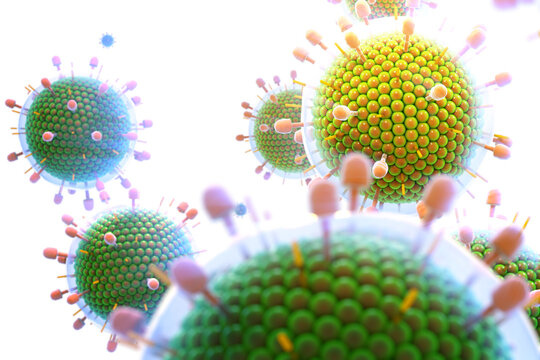 Paramyxovirus mumps , COVID pandemic, Close-up of virus under microscope. Realistic high quality medical 3d render.