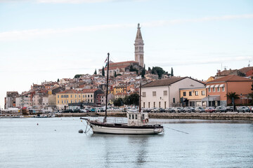 Beautiful town of Rovinj and its famous church Saint Euphemia with recognizable tower high above...