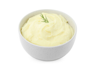 Bowl with freshly cooked homemade mashed potatoes isolated on white