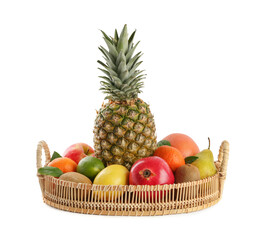 Fresh ripe fruits in wicker tray on white background