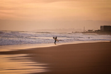 surfer returns from water with a surfboard at the sunset