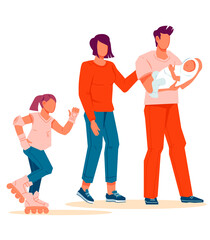 Young parents with newborn baby and teen child, flat vector illustration isolated on white background. Family couple with children walking together.