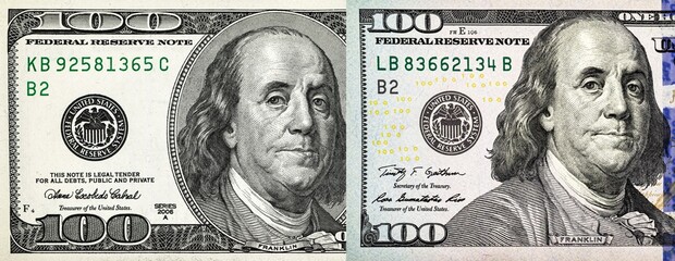 Old and new design. 100 dollar bill, USA money, the largest denomination - obrazy, fototapety, plakaty