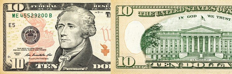 Fototapeta na wymiar 10 dollar bill, two sides background, banner. USA money, American cash